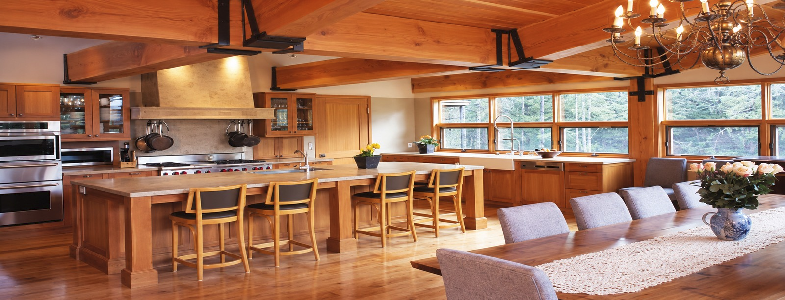 Heavy timber beams in a finished interior